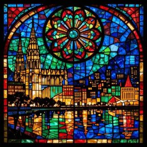 Витражная мозаика ночного города с неоновыми огнями