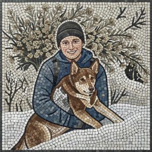 Мозаика «Человек и его верный пес в зимнем лесу»