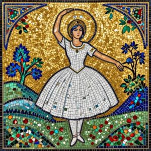 Graceful Ballerina in White – Byzantine Mosaic Art