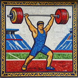 Советская мозаика: Спортсмен с штангой на фоне стадиона
