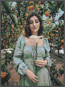 Serene Woman in Orange Orchard Mosaic Art