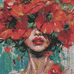Red Poppies Mosaic Portrait – Mysterious Woman