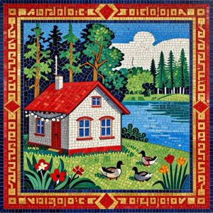 Мозаика «Уютный дом у озера» в советском стиле