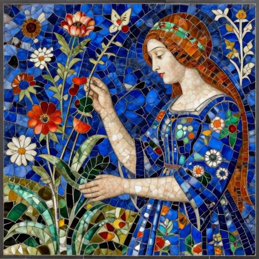 Florentine Mosaic Art - Woman Gathering Flowers