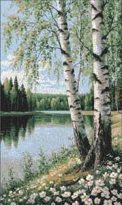 Birch Trees by the Lake Mosaic Art – Nature Serenity