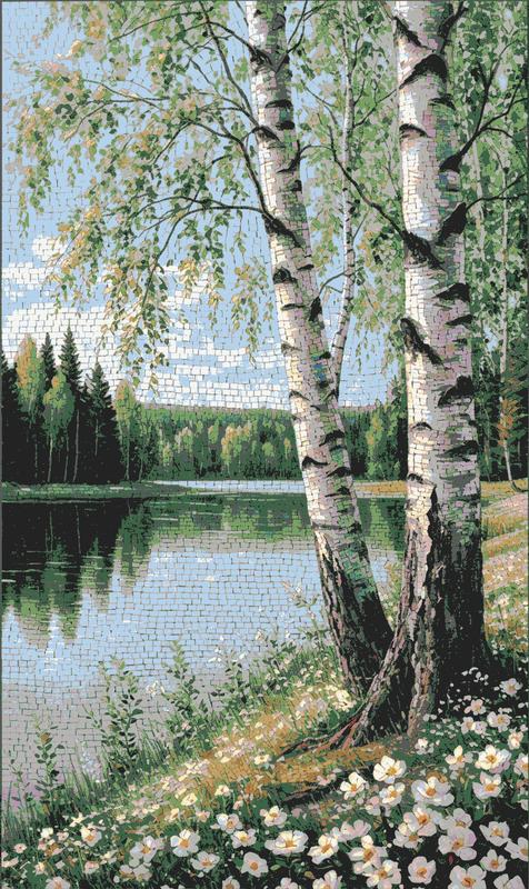Birch Trees by the Lake Mosaic Art - Nature Serenity