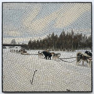 Мозаика «Ездовые собаки в зимнем лесу» – 100×100 см