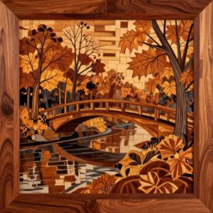 Маркетри: мост через реку в осеннем лесу