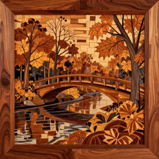Marquetry: Bridge Over River in Autumn Woods