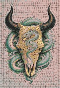 Golden Skull and Teal Dragon Mosaic Art