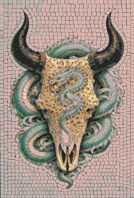 Golden Skull and Teal Dragon Mosaic Art
