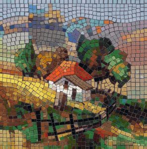 Rustic Cottage Mosaic Art – Peaceful Countryside Landscape