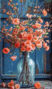 Peach Flowers in Blue Vase Mosaic Art