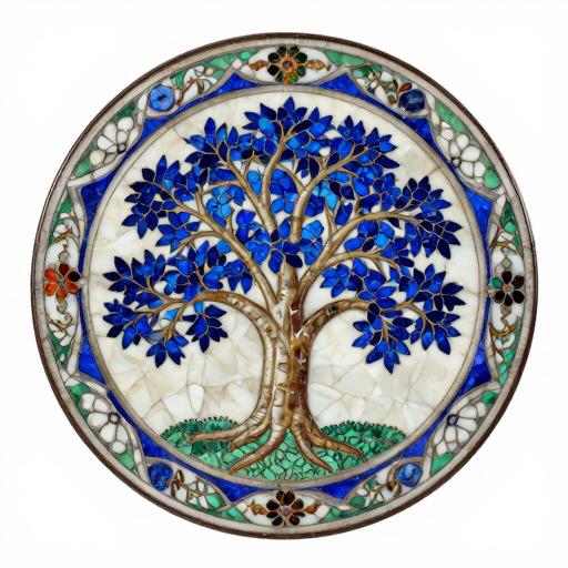 Florentine Mosaic Round Rosette with Blue Oak Tree