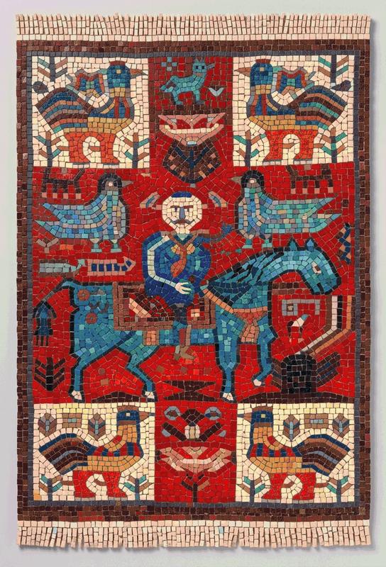 Stylized Mosaic Rider and Birds Art