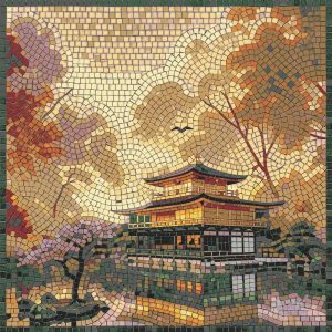 Golden Japanese Pagoda Mosaic Art