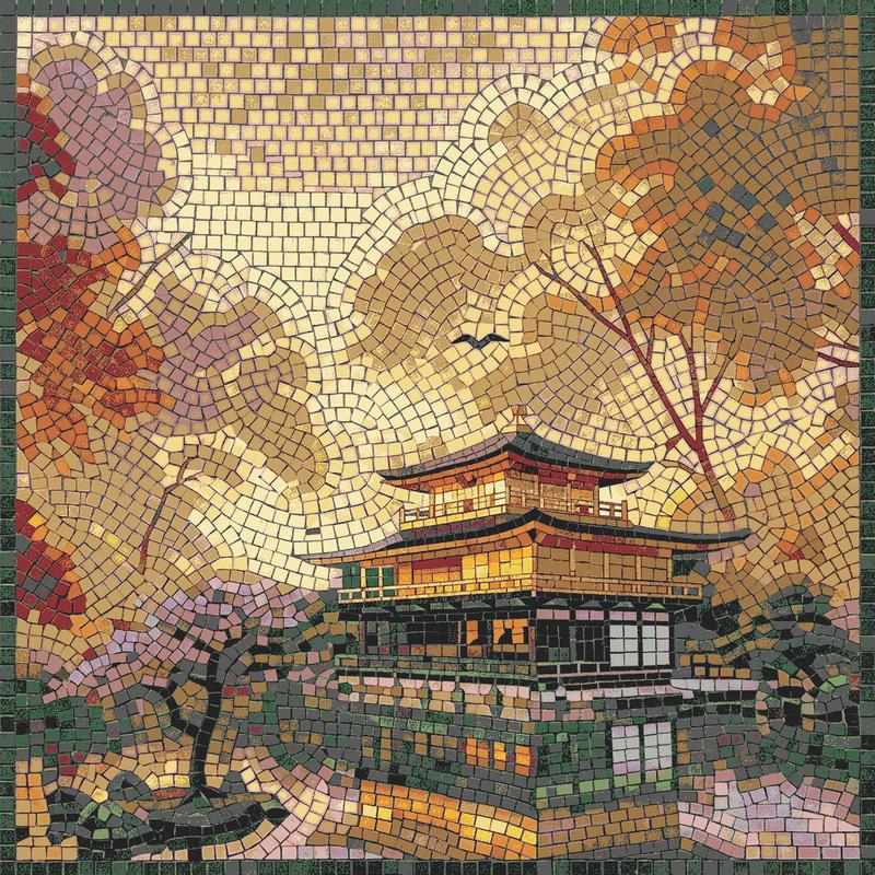 Golden Japanese Pagoda Mosaic Art