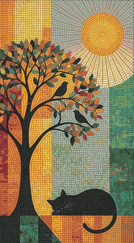 Sleeping Cat and Autumn Tree Mosaic Art