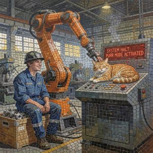 Роботизированная нежность: мозаика с котом на заводе