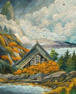 Сереный горный пейзаж с домиком