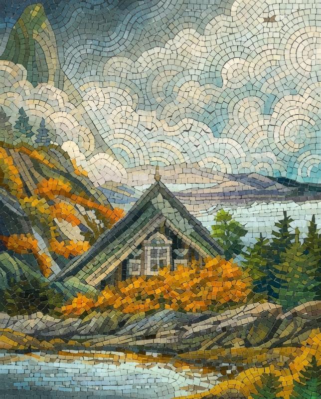 Сереный горный пейзаж с домиком