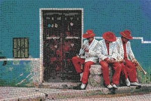 Three Musicians Mosaic Art – Red and White Attire