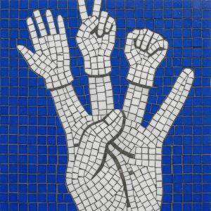 Surreal Mosaic Hand Gestures in Blue and White