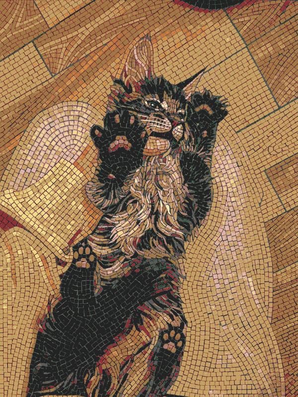 Playful Cat Mosaic Art - Golden Background, 60x80 cm