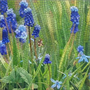 Blue Spring Flowers and Bee Mosaic Art