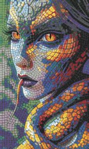Serpent Woman Mosaic Art – Surreal Mythology Portrait