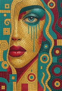 Мозаичный портрет женщины в золотых и бирюзовых тонах