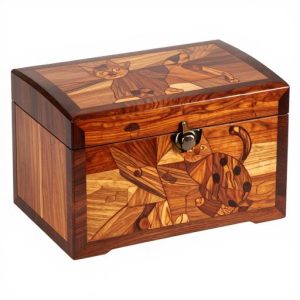Деревянная шкатулка с кошкой в технике маркетри
