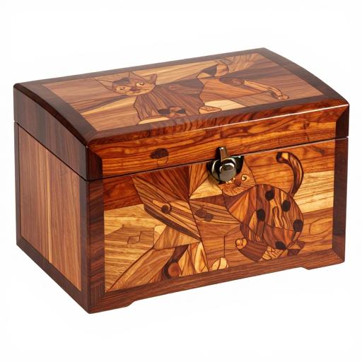 Marquetry Wooden Box with Cat Design