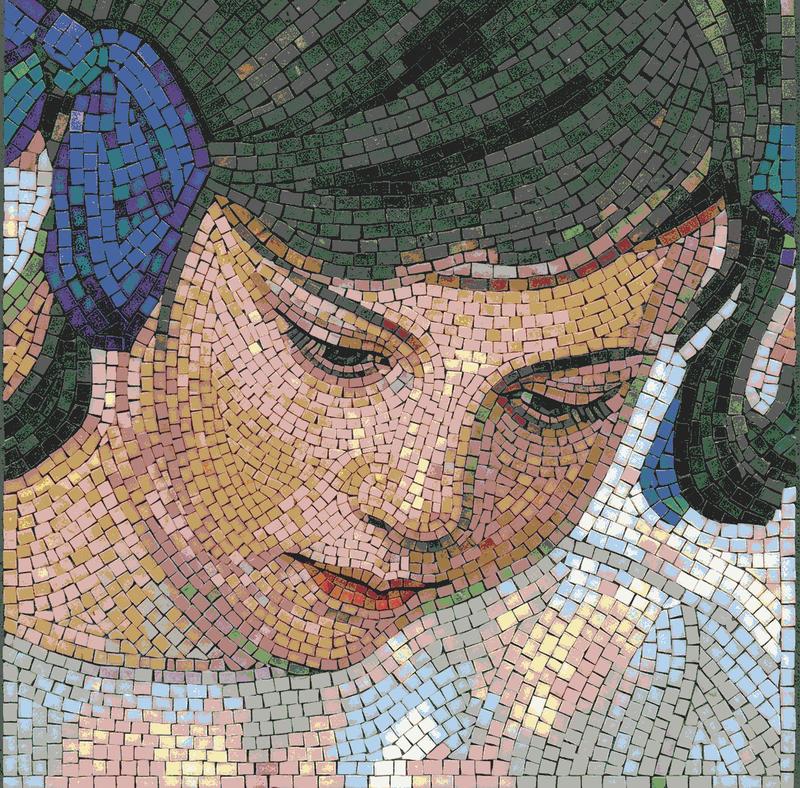 Mosaic Portrait of a Woman with a Blue Bow