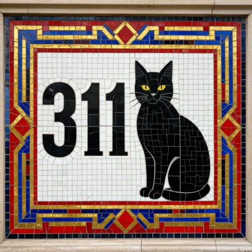 Mosaic House Number 311 with Black Cat