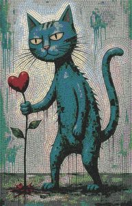 Blue Cat with Red Heart Mosaic Art
