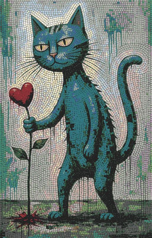 Blue Cat with Red Heart Mosaic Art