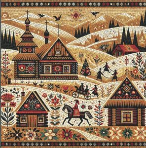 Мозаика «Старинная деревня» в традиционном стиле