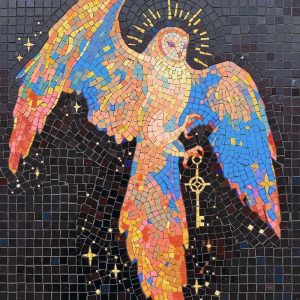 Celestial Owl with Golden Key Mosaic Art