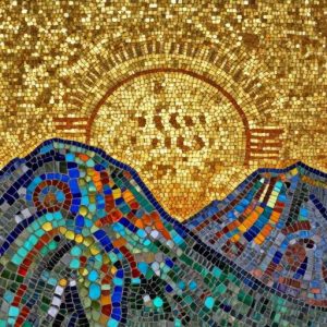 Golden Sunrise Over Mountains – Byzantine Mosaic Art