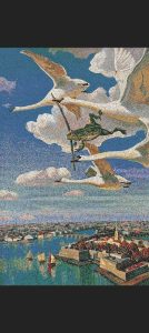 Мозаика «Лягушка на птице над городом»