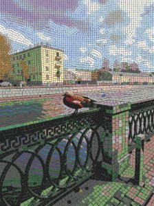 Urban Solitude: Mosaic Art of a Bird by the River