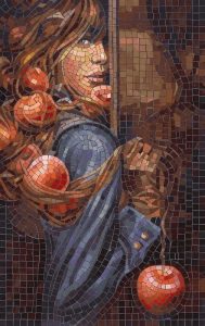 Surreal Mosaic Portrait with Floating Orbs