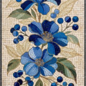 Blue Botanical Mosaic Art – 100×100 cm