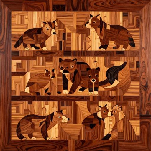 Animal Family Marquetry Wood Triptych
