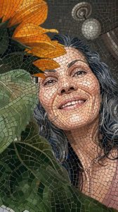 Mosaic Portrait of a Smiling Woman with Flowers