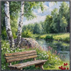 Peaceful Riverbank Mosaic Art – Wooden Bench & Birch Trees