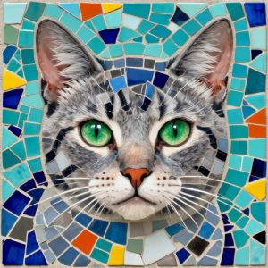 Grey Cat with Green Eyes Trencadís Mosaic Art