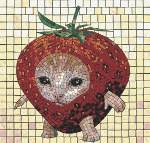 Strawberry Cat Mosaic Art – Whimsical Wall Decor