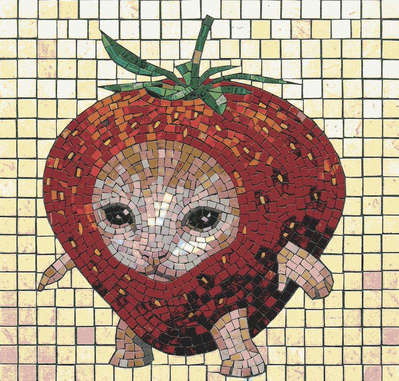 Strawberry Cat Mosaic Art - Whimsical Wall Decor
